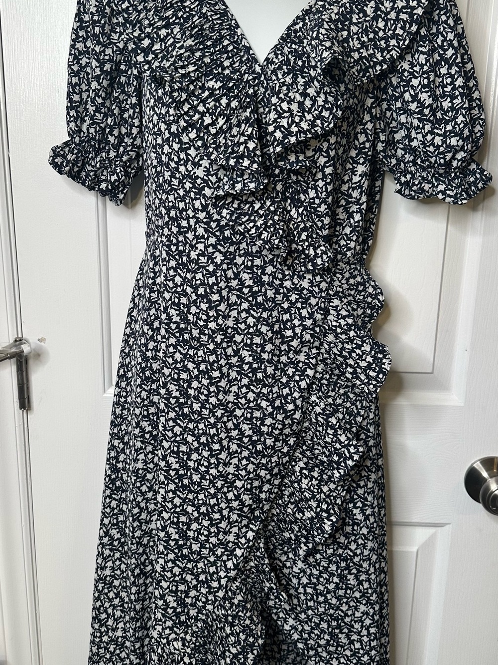Navy blue and White Floral Ruffle Midi Dress